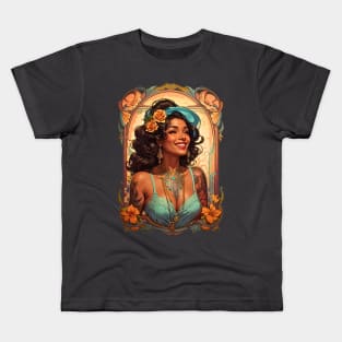 Black Bohemian Woman with tattoos retro vintage design Kids T-Shirt